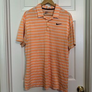 Nike Golf Polo Shirt Orange White Striped XL Standard Fit Short Sleeve Polyester